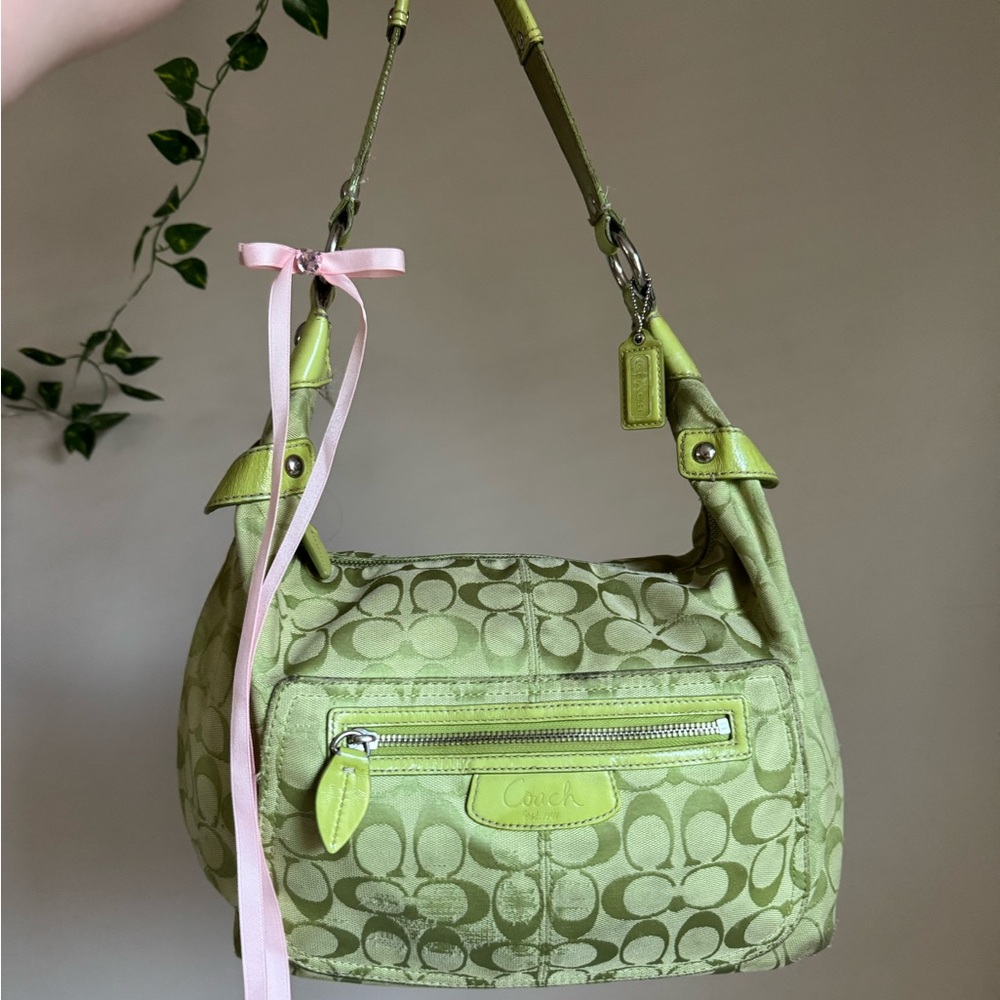Coach Green Monogram Hobo Shoulder Bag with Curved Strap